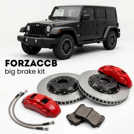 Black Jeep Wrangler JK) (2006-2018 (III) shown above a ForzaCCB iron rotor big brake kit with 2x red 6-piston front calipers, 2x two-piece floating ventilated brake discs 380 mm, set of brake pads, and brake lines.