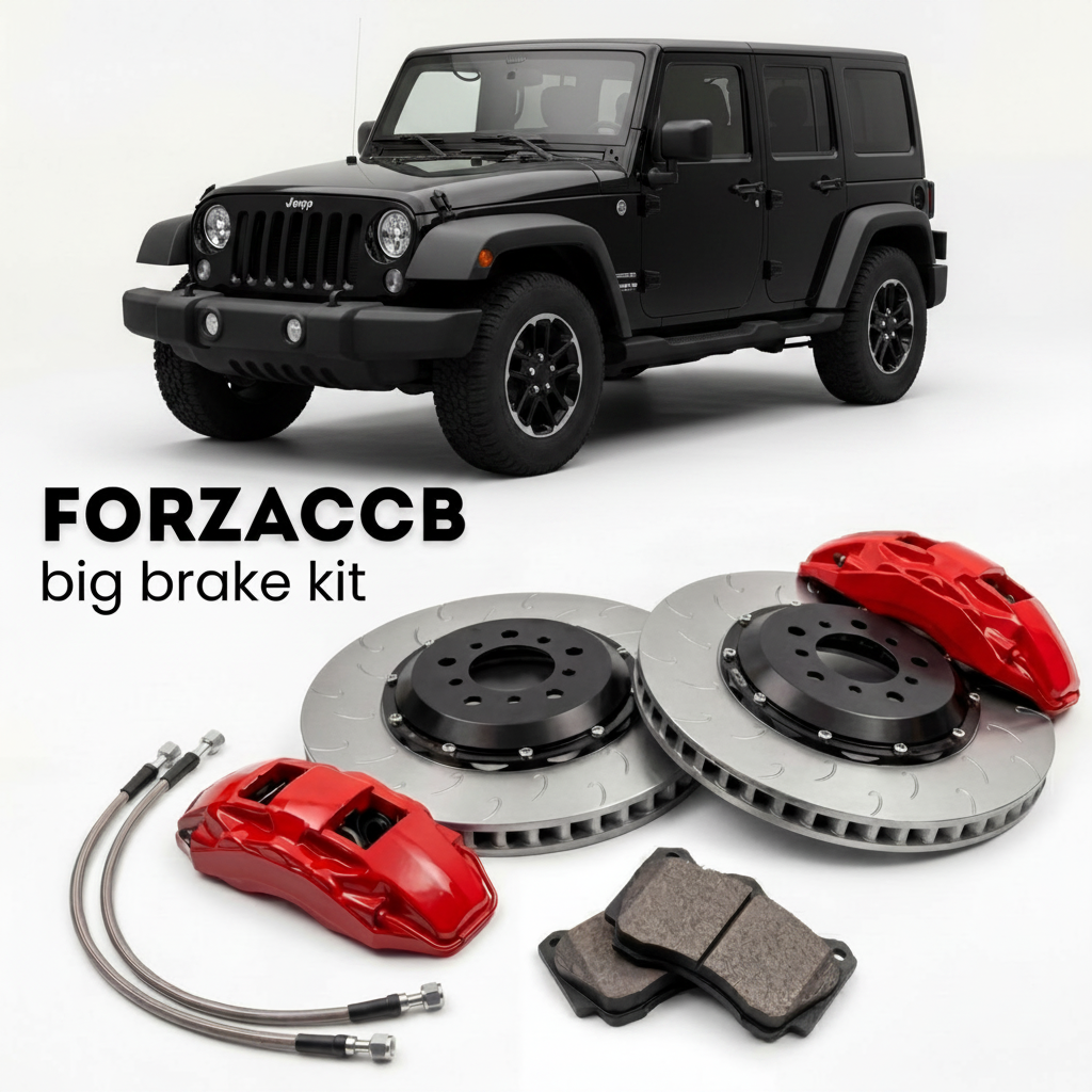 Black Jeep Wrangler JK) (2006-2018 (III Unlimited) shown above a ForzaCCB iron rotor big brake kit with 2x red 6-piston front calipers, 2x two-piece floating ventilated brake discs 380 mm, set of brake pads, and brake lines.