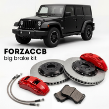 Black Jeep Wrangler JK) (2006-2018 (III Unlimited) shown above a ForzaCCB iron rotor big brake kit with 2x red 6-piston front calipers, 2x two-piece floating ventilated brake discs 380 mm, set of brake pads, and brake lines.