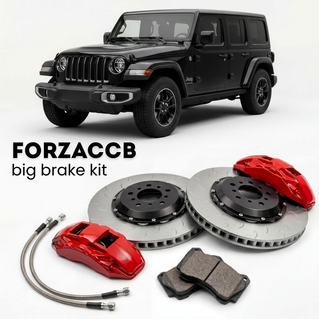 Black Jeep Wrangler JL) (2017-2023 (IV) shown above a ForzaCCB iron rotor big brake kit with 2x red 6-piston front calipers, 2x two-piece floating ventilated brake discs 380 mm, set of brake pads, and brake lines.