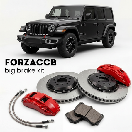 Black Jeep Wrangler JL) (2017-2023 (IV Unlimited) shown above a ForzaCCB iron rotor big brake kit with 2x red 6-piston front calipers, 2x two-piece floating ventilated brake discs 380 mm, set of brake pads, and brake lines.