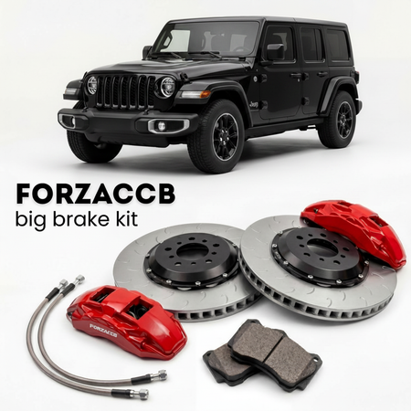 Black Jeep Wrangler JL, facelift 2023) (2023+ (IV Unlimited) shown above a ForzaCCB iron rotor big brake kit with 2x red 6-piston front calipers, 2x two-piece floating ventilated brake discs 380 mm, set of brake pads, and brake lines.