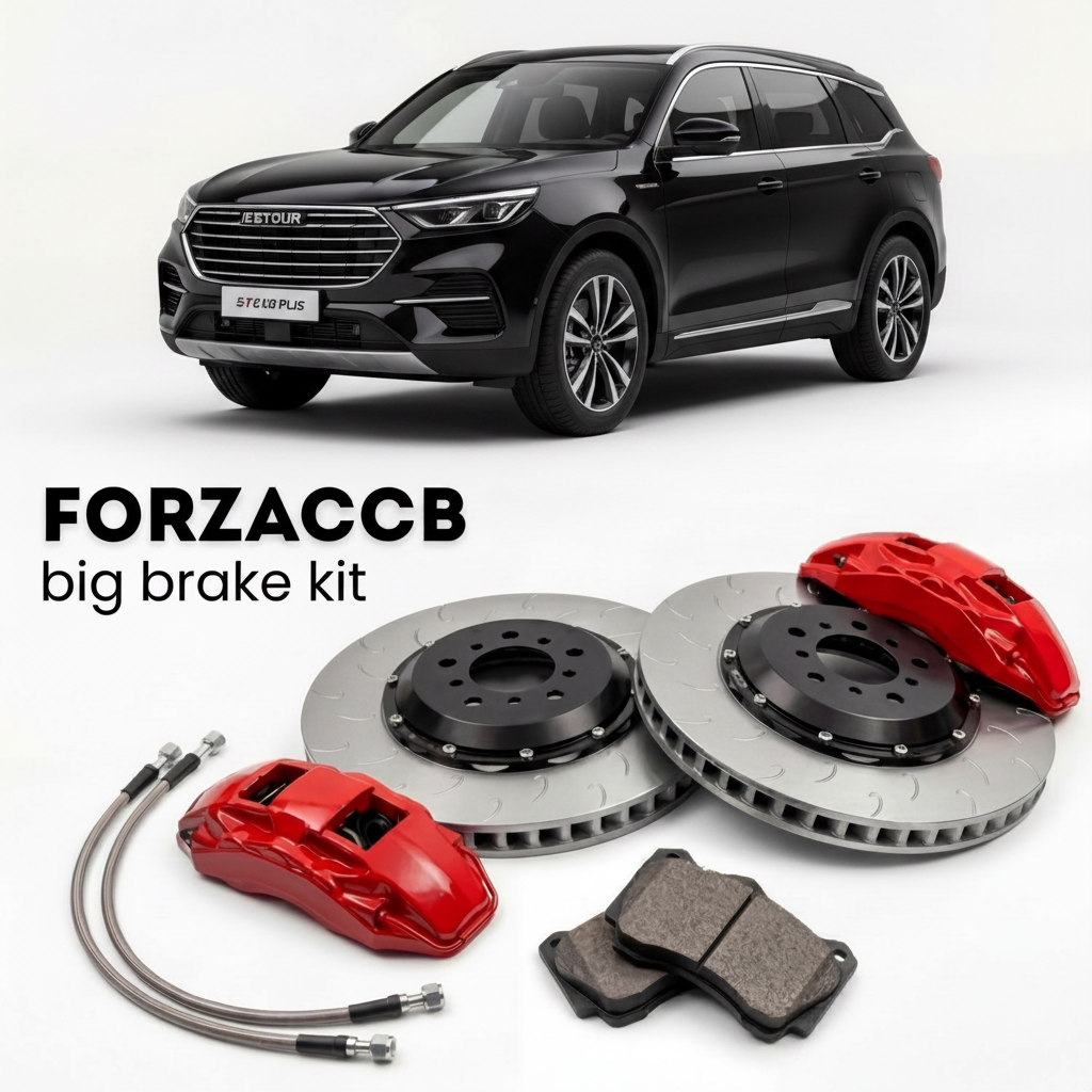 Black Jetour X70 facelift 2024) (2024+ (Plus) shown above a ForzaCCB iron rotor big brake kit with 2x red 6-piston front calipers, 2x two-piece floating ventilated brake discs 380 mm, set of brake pads, and brake lines.
