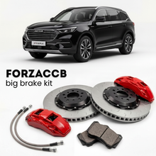 Black Jetour X70 facelift 2024) (2024+ (Plus) shown above a ForzaCCB iron rotor big brake kit with 2x red 6-piston front calipers, 2x two-piece floating ventilated brake discs 380 mm, set of brake pads, and brake lines.