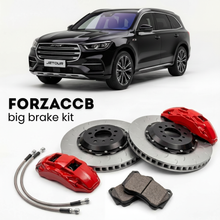 Black Jetour X90 Pro (2024+) shown above a ForzaCCB iron rotor big brake kit with 2x red 6-piston front calipers, 2x two-piece floating ventilated brake discs 380 mm, set of brake pads, and brake lines.
