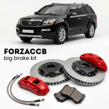 Black Kia Borrego (2008-2016) shown above a ForzaCCB iron rotor big brake kit with 2x red 6-piston front calipers, 2x two-piece floating ventilated brake discs 380 mm, set of brake pads, and brake lines.