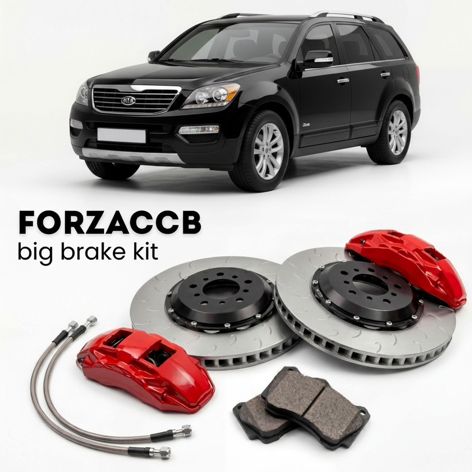 Black Kia Borrego (2008-2016) shown above a ForzaCCB iron rotor big brake kit with 2x red 6-piston front calipers, 2x two-piece floating ventilated brake discs 380 mm, set of brake pads, and brake lines.