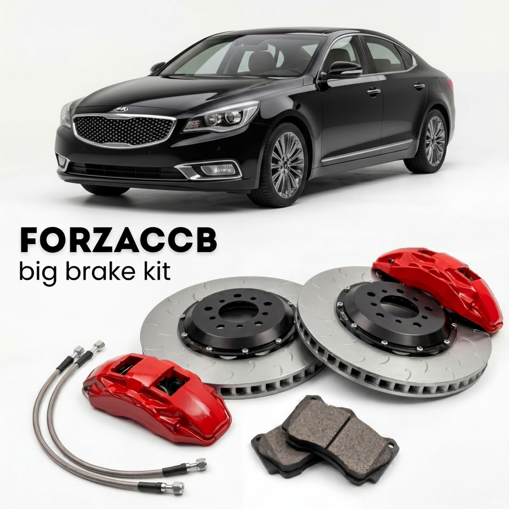 Black Kia Cadenza facelift 2013) (2013-2016 (I) shown above a ForzaCCB iron rotor big brake kit with 2x red 6-piston front calipers, 2x two-piece floating ventilated brake discs 380 mm, set of brake pads, and brake lines.
