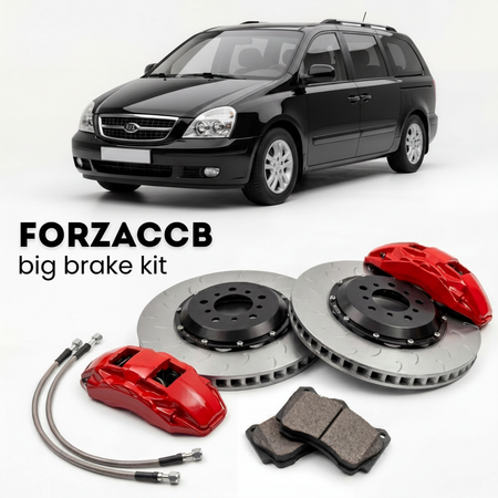 Black Kia Carnival UP/GQ, facelift 2001) (2005-2006 (I) shown above a ForzaCCB iron rotor big brake kit with 2x red 6-piston front calipers, 2x two-piece floating ventilated brake discs 380 mm, set of brake pads, and brake lines.
