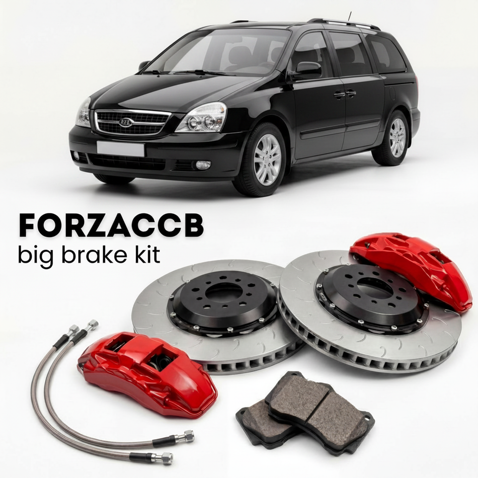 Black Kia Carnival UP/GQ, facelift 2001) (2005-2006 (I) shown above a ForzaCCB iron rotor big brake kit with 2x red 6-piston front calipers, 2x two-piece floating ventilated brake discs 380 mm, set of brake pads, and brake lines.