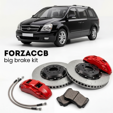 Black Kia Carnival II (2006-2010) shown above a ForzaCCB iron rotor big brake kit with 2x red 6-piston front calipers, 2x two-piece floating ventilated brake discs 380 mm, set of brake pads, and brake lines.