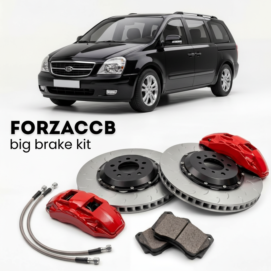 Black Kia Carnival II (2006-2010) shown above a ForzaCCB iron rotor big brake kit with 2x red 6-piston front calipers, 2x two-piece floating ventilated brake discs 380 mm, set of brake pads, and brake lines.
