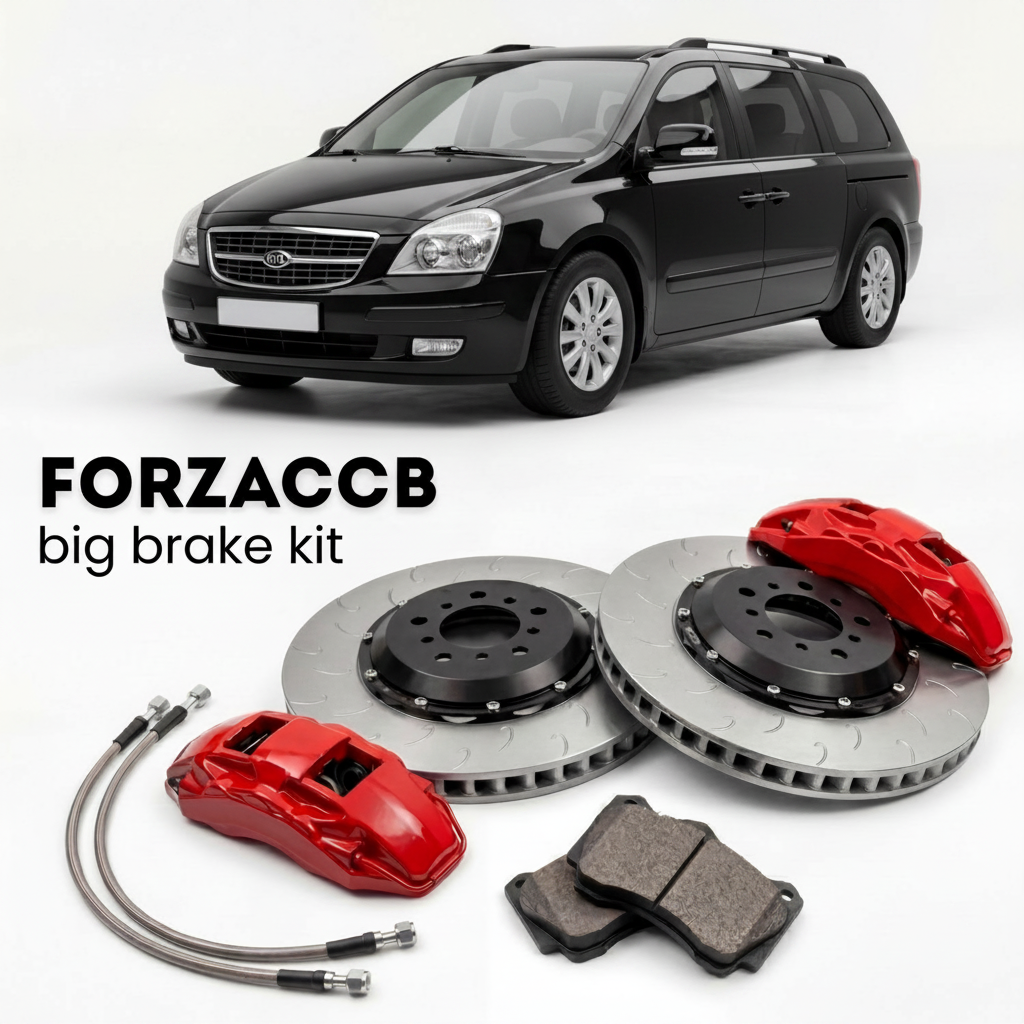 Black Kia Carnival VQ) (2006-2010 (II) shown above a ForzaCCB iron rotor big brake kit with 2x red 6-piston front calipers, 2x two-piece floating ventilated brake discs 380 mm, set of brake pads, and brake lines.