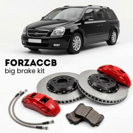 Black Kia Carnival VQ) (2006-2010 (II) shown above a ForzaCCB iron rotor big brake kit with 2x red 6-piston front calipers, 2x two-piece floating ventilated brake discs 380 mm, set of brake pads, and brake lines.