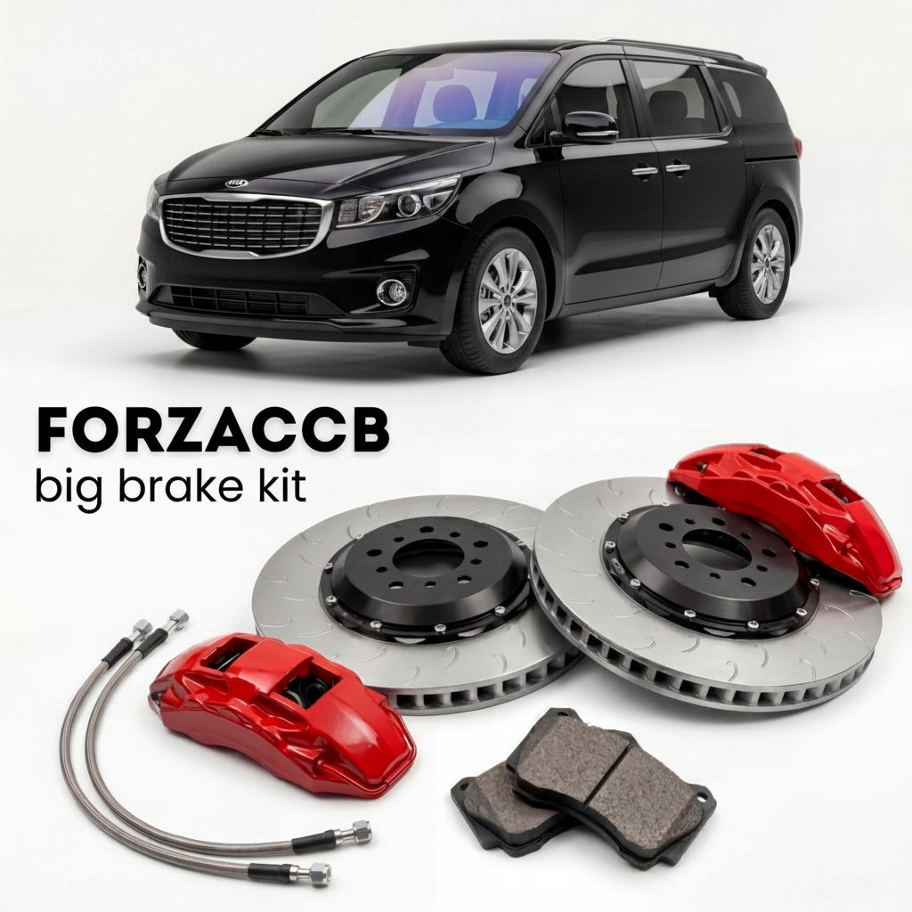 Black Kia Carnival III (2014-2018) shown above a ForzaCCB iron rotor big brake kit with 2x red 6-piston front calipers, 2x two-piece floating ventilated brake discs 380 mm, set of brake pads, and brake lines.