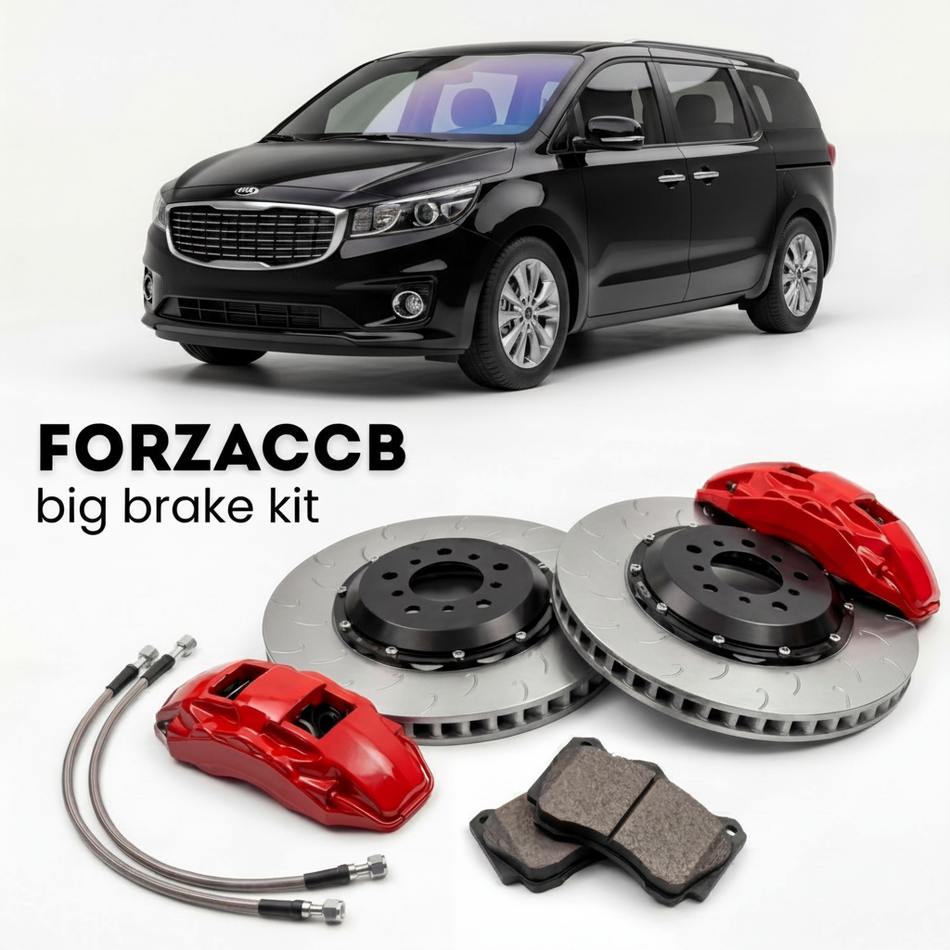 Black Kia Carnival III (2014-2018) shown above a ForzaCCB iron rotor big brake kit with 2x red 6-piston front calipers, 2x two-piece floating ventilated brake discs 380 mm, set of brake pads, and brake lines.
