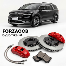 Black Kia Carnival IV (2020-2024) shown above a ForzaCCB iron rotor big brake kit with 2x red 6-piston front calipers, 2x two-piece floating ventilated brake discs 380 mm, set of brake pads, and brake lines.