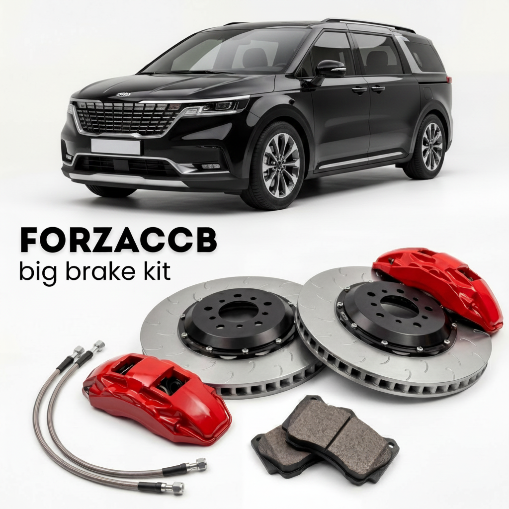 Black Kia Carnival IV (2020-2024) shown above a ForzaCCB iron rotor big brake kit with 2x red 6-piston front calipers, 2x two-piece floating ventilated brake discs 380 mm, set of brake pads, and brake lines.