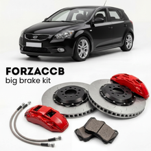 Black Kia Cee'd I (2007-2009) shown above a ForzaCCB iron rotor big brake kit with 2x red 6-piston front calipers, 2x two-piece floating ventilated brake discs 380 mm, set of brake pads, and brake lines.