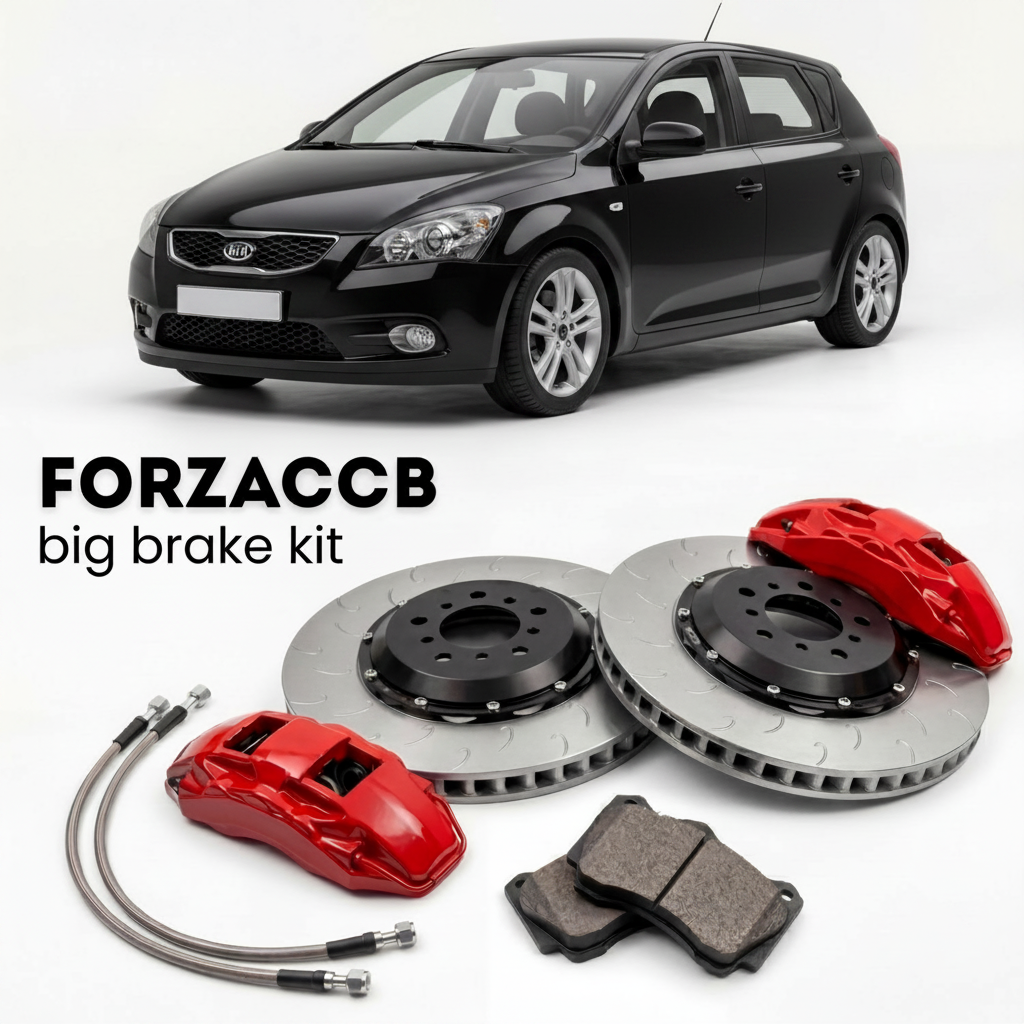Black Kia Cee'd I (2007-2009) shown above a ForzaCCB iron rotor big brake kit with 2x red 6-piston front calipers, 2x two-piece floating ventilated brake discs 380 mm, set of brake pads, and brake lines.