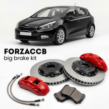 Black Kia Cee'd facelift 2015) (2015-2018 (II) shown above a ForzaCCB iron rotor big brake kit with 2x red 6-piston front calipers, 2x two-piece floating ventilated brake discs 380 mm, set of brake pads, and brake lines.