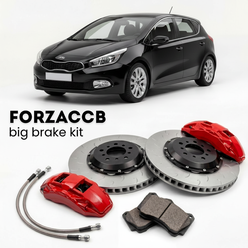 Black Kia Cee'd facelift 2015) (2015-2018 (II) shown above a ForzaCCB iron rotor big brake kit with 2x red 6-piston front calipers, 2x two-piece floating ventilated brake discs 380 mm, set of brake pads, and brake lines.