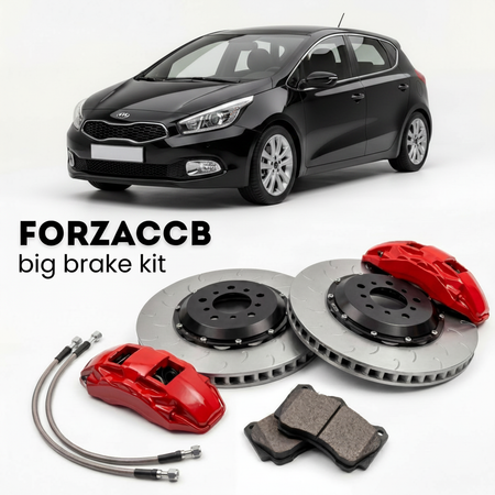 Black Kia Cee'd facelift 2015) (2015-2018 (II) shown above a ForzaCCB iron rotor big brake kit with 2x red 6-piston front calipers, 2x two-piece floating ventilated brake discs 380 mm, set of brake pads, and brake lines.