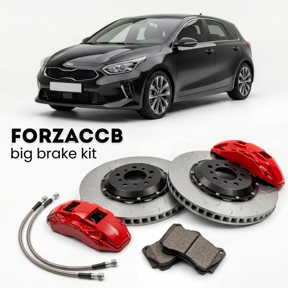 Black Kia Cee'd Kia Ceed III (2018-2021) shown above a ForzaCCB iron rotor big brake kit with 2x red 6-piston front calipers, 2x two-piece floating ventilated brake discs 380 mm, set of brake pads, and brake lines.