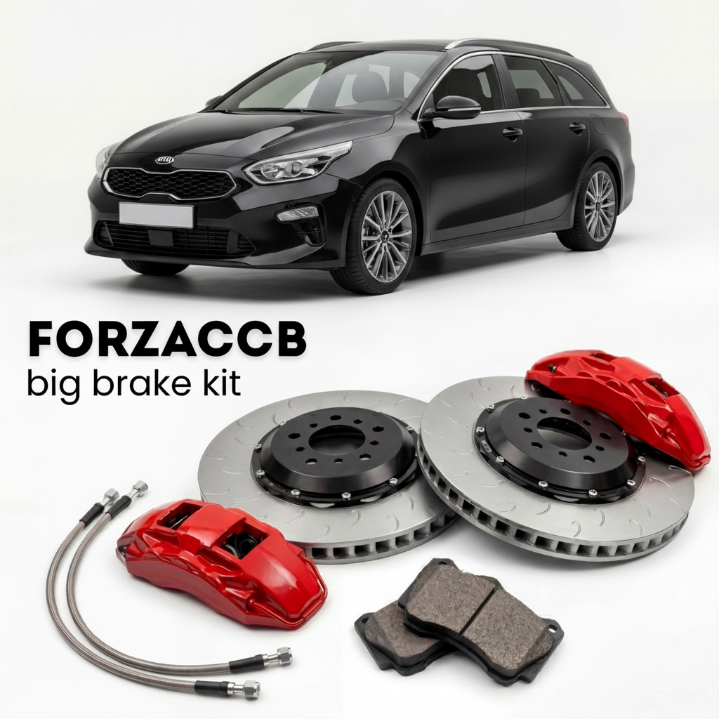Black Kia Cee'd Kia Ceed III Sportswagon (2018-2021) shown above a ForzaCCB iron rotor big brake kit with 2x red 6-piston front calipers, 2x two-piece floating ventilated brake discs 380 mm, set of brake pads, and brake lines.