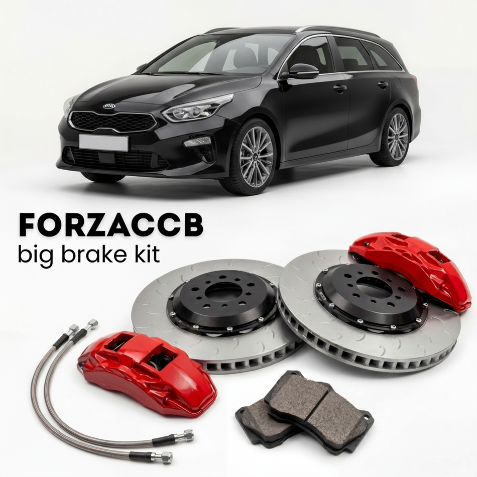 Black Kia Cee'd Kia Ceed III Sportswagon (2018-2021) shown above a ForzaCCB iron rotor big brake kit with 2x red 6-piston front calipers, 2x two-piece floating ventilated brake discs 380 mm, set of brake pads, and brake lines.