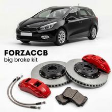Black Kia Cee'd SW II (2012-2015) shown above a ForzaCCB iron rotor big brake kit with 2x red 6-piston front calipers, 2x two-piece floating ventilated brake discs 380 mm, set of brake pads, and brake lines.