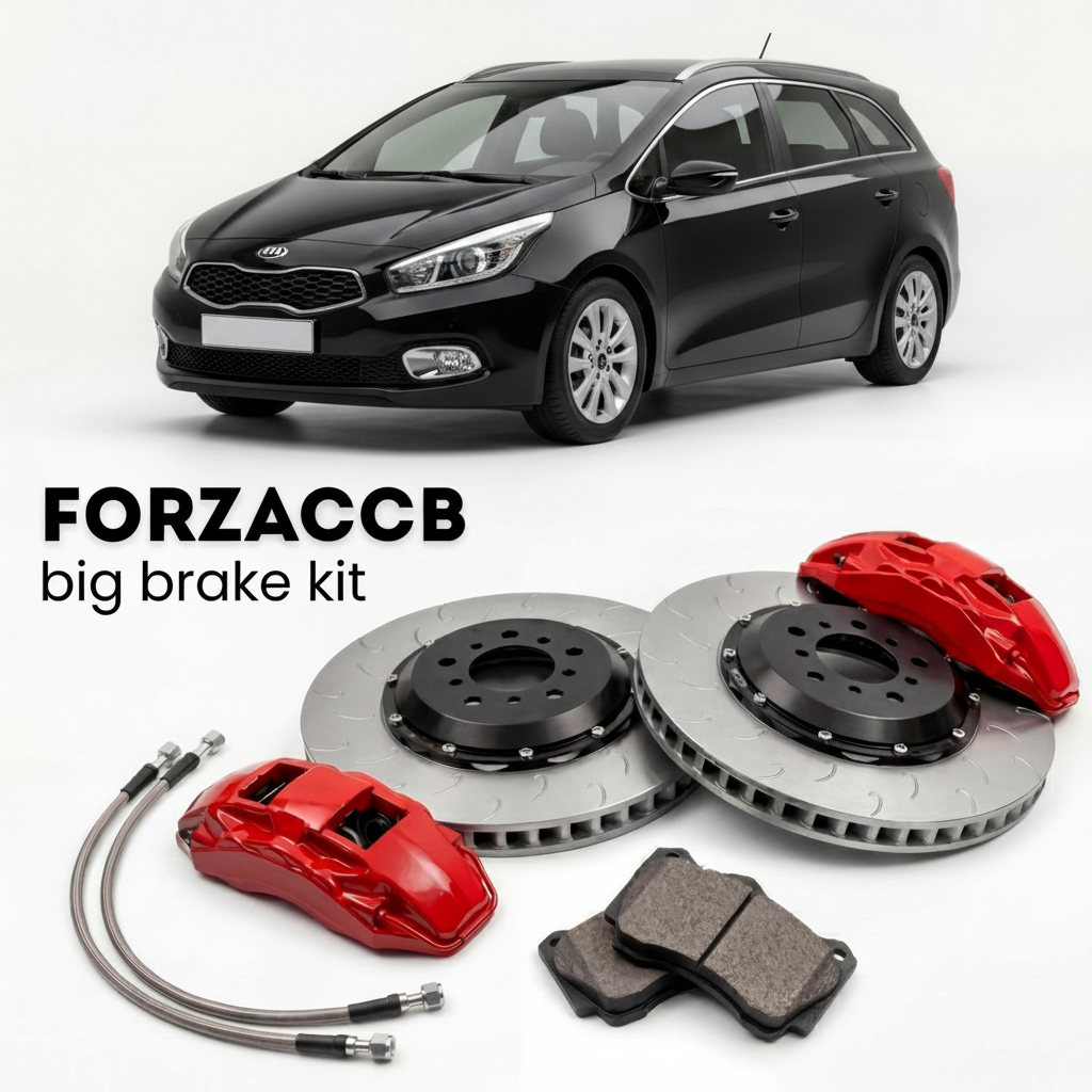 Black Kia Cee'd SW II (2012-2015) shown above a ForzaCCB iron rotor big brake kit with 2x red 6-piston front calipers, 2x two-piece floating ventilated brake discs 380 mm, set of brake pads, and brake lines.