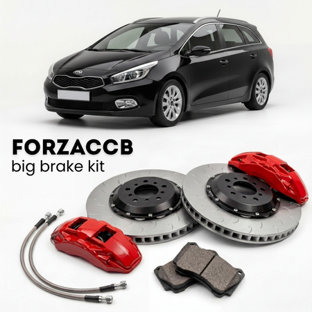 Black Kia Cee'd SW II (2012-2015) shown above a ForzaCCB iron rotor big brake kit with 2x red 6-piston front calipers, 2x two-piece floating ventilated brake discs 380 mm, set of brake pads, and brake lines.