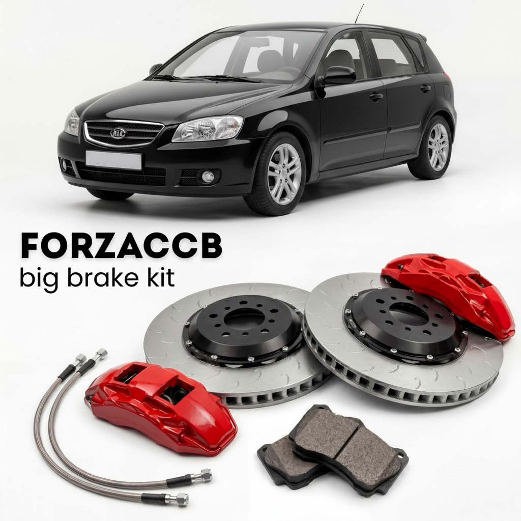 Black Kia Cerato I Hatchback (2005-2006) shown above a ForzaCCB iron rotor big brake kit with 2x red 6-piston front calipers, 2x two-piece floating ventilated brake discs 380 mm, set of brake pads, and brake lines.