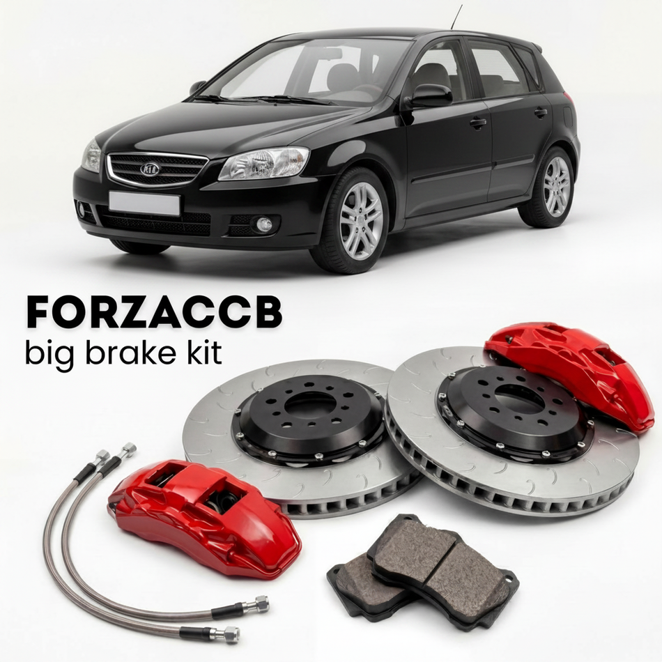 Black Kia Cerato I Hatchback (2005-2006) shown above a ForzaCCB iron rotor big brake kit with 2x red 6-piston front calipers, 2x two-piece floating ventilated brake discs 380 mm, set of brake pads, and brake lines.