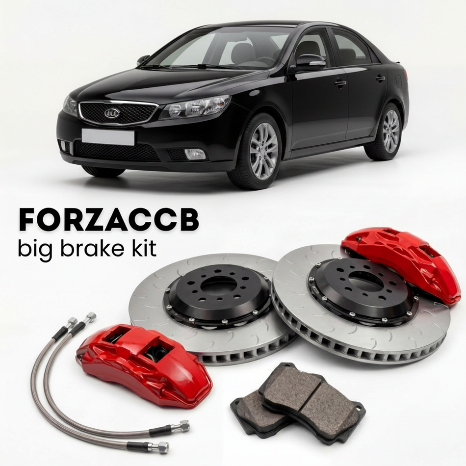 Black Kia Cerato I Sedan (2005-2006) shown above a ForzaCCB iron rotor big brake kit with 2x red 6-piston front calipers, 2x two-piece floating ventilated brake discs 380 mm, set of brake pads, and brake lines.
