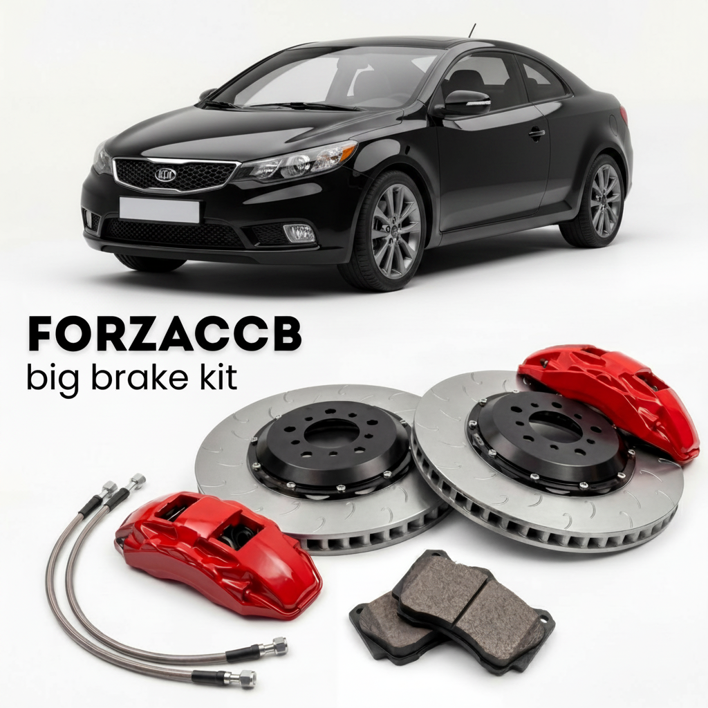 Black Kia Cerato II Koup (2009-2012) shown above a ForzaCCB iron rotor big brake kit with 2x red 6-piston front calipers, 2x two-piece floating ventilated brake discs 380 mm, set of brake pads, and brake lines.