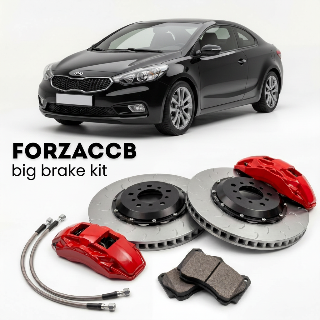Black Kia Cerato III Koup (2012-2016) shown above a ForzaCCB iron rotor big brake kit with 2x red 6-piston front calipers, 2x two-piece floating ventilated brake discs 380 mm, set of brake pads, and brake lines.