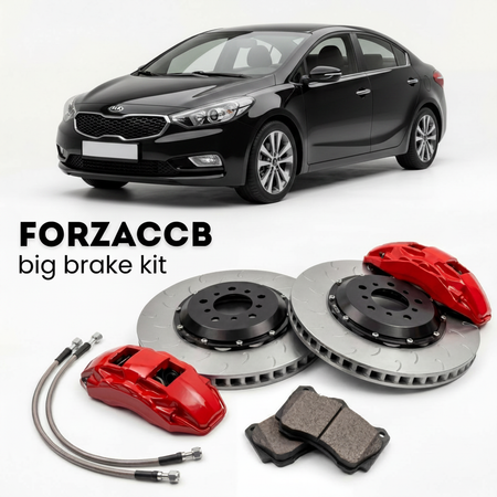 Black Kia Cerato III Sedan (2012-2016) shown above a ForzaCCB iron rotor big brake kit with 2x red 6-piston front calipers, 2x two-piece floating ventilated brake discs 380 mm, set of brake pads, and brake lines.