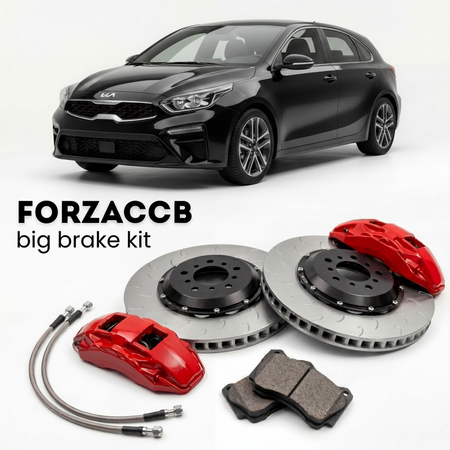 Black Kia Cerato IV Hatchback (2018-2021) shown above a ForzaCCB iron rotor big brake kit with 2x red 6-piston front calipers, 2x two-piece floating ventilated brake discs 380 mm, set of brake pads, and brake lines.