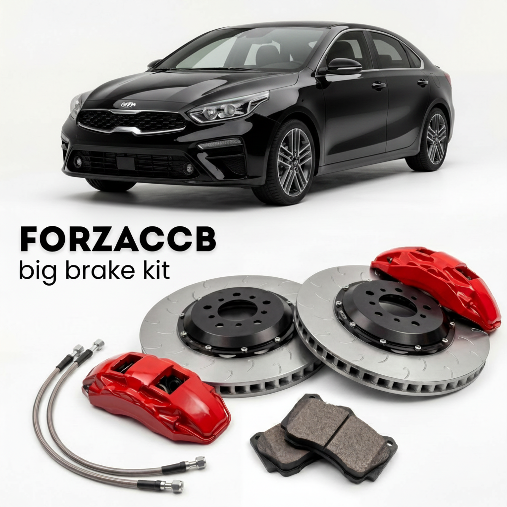 Black Kia Cerato facelift 2021) (2021+ (IV Hatchback) shown above a ForzaCCB iron rotor big brake kit with 2x red 6-piston front calipers, 2x two-piece floating ventilated brake discs 380 mm, set of brake pads, and brake lines.