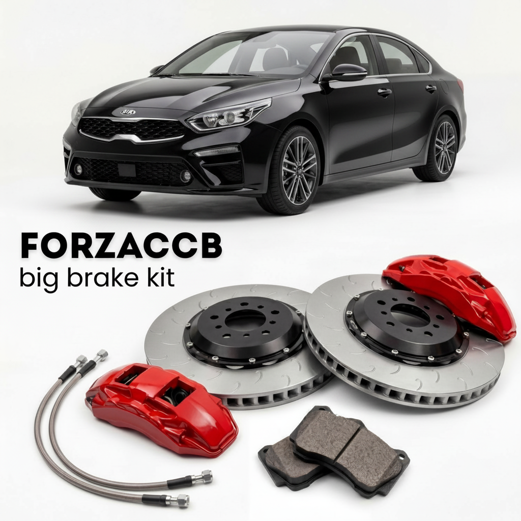 Black Kia Cerato IV Sedan (2018-2021) shown above a ForzaCCB iron rotor big brake kit with 2x red 6-piston front calipers, 2x two-piece floating ventilated brake discs 380 mm, set of brake pads, and brake lines.