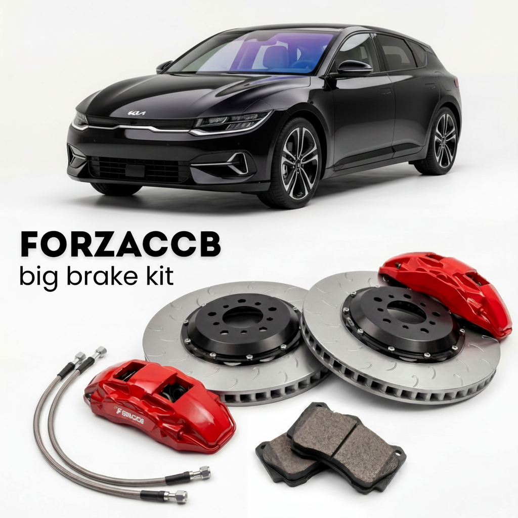 Black Kia EV4 Hatch (2025+) shown above a ForzaCCB iron rotor big brake kit with 2x red 6-piston front calipers, 2x two-piece floating ventilated brake discs 380 mm, set of brake pads, and brake lines.