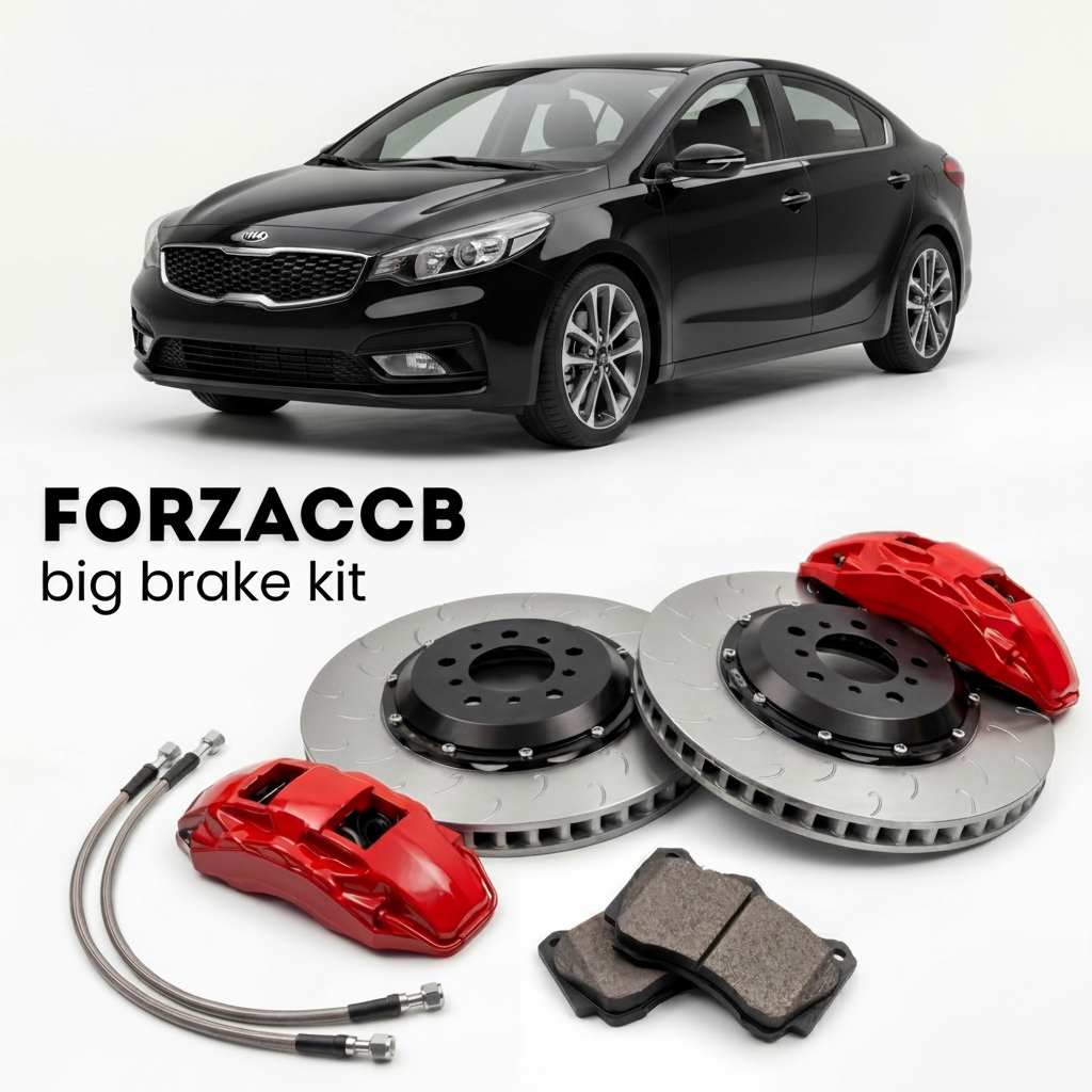 Black Kia Forte facelift 2017) (2017-2018 (II) shown above a ForzaCCB iron rotor big brake kit with 2x red 6-piston front calipers, 2x two-piece floating ventilated brake discs 380 mm, set of brake pads, and brake lines.