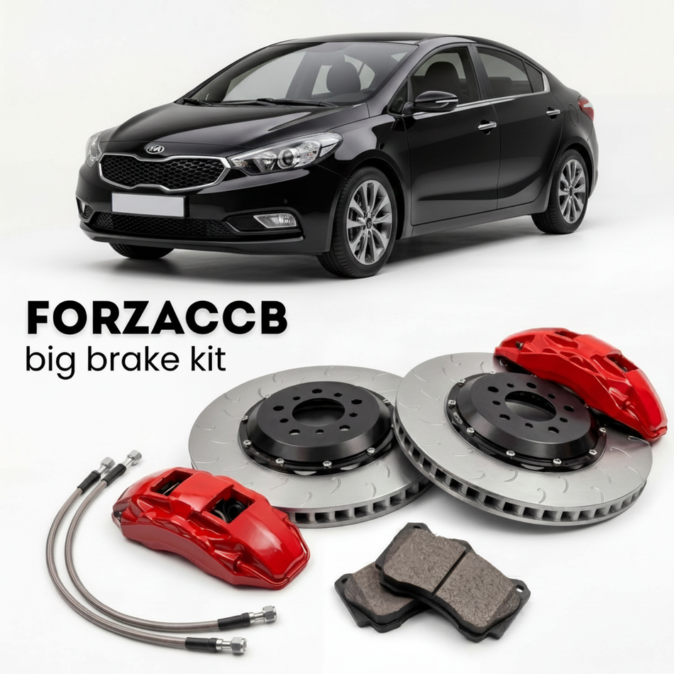 Black Kia Forte YD) (2013-2016 (II) shown above a ForzaCCB iron rotor big brake kit with 2x red 6-piston front calipers, 2x two-piece floating ventilated brake discs 380 mm, set of brake pads, and brake lines.