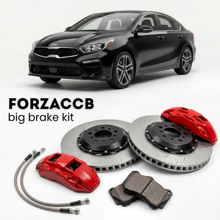 Black Kia Forte III (2019-2021) shown above a ForzaCCB iron rotor big brake kit with 2x red 6-piston front calipers, 2x two-piece floating ventilated brake discs 380 mm, set of brake pads, and brake lines.