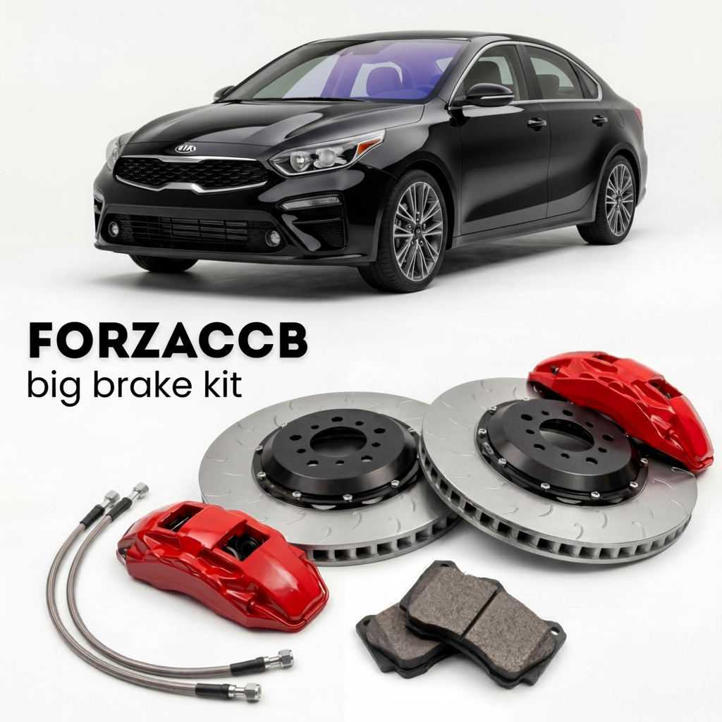 Black Kia Forte facelift 2021) (2021+ (III) shown above a ForzaCCB iron rotor big brake kit with 2x red 6-piston front calipers, 2x two-piece floating ventilated brake discs 380 mm, set of brake pads, and brake lines.