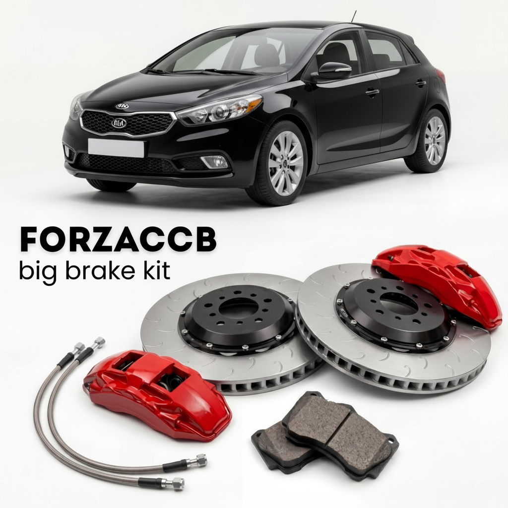 Black Kia Forte TD) (2010-2013 (Kia Forte5 I) shown above a ForzaCCB iron rotor big brake kit with 2x red 6-piston front calipers, 2x two-piece floating ventilated brake discs 380 mm, set of brake pads, and brake lines.
