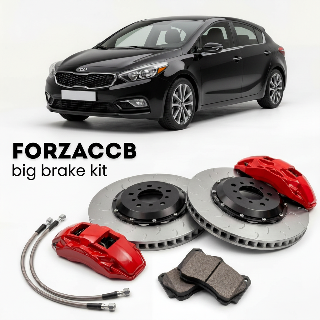 Black Kia Forte facelift 2017) (2017-2018 (Kia Forte5 II) shown above a ForzaCCB iron rotor big brake kit with 2x red 6-piston front calipers, 2x two-piece floating ventilated brake discs 380 mm, set of brake pads, and brake lines.