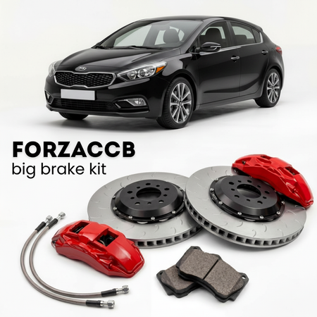 Black Kia Forte facelift 2017) (2017-2018 (Kia Forte5 II) shown above a ForzaCCB iron rotor big brake kit with 2x red 6-piston front calipers, 2x two-piece floating ventilated brake discs 380 mm, set of brake pads, and brake lines.